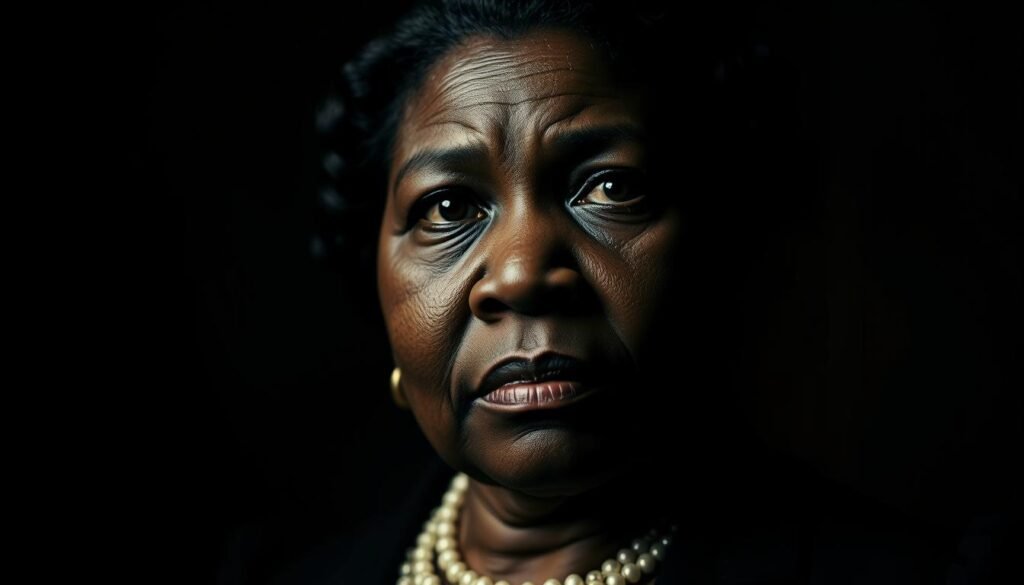 A somber and reverent portrait of Madam C.J. Walker, founder of the Madam C.J. Walker Manufacturing Company. She is depicted in a high-contrast chiaroscuro lighting, her penetrating gaze commanding attention. The background is muted and hazy, conveying a sense of the passing of time and the weight of her legacy. The composition is formal and dignified, reflecting her status as a pioneering businesswoman and trailblazer. The lighting and mood evoke the immediate aftermath of her death, with a sense of profound loss and the end of an era.