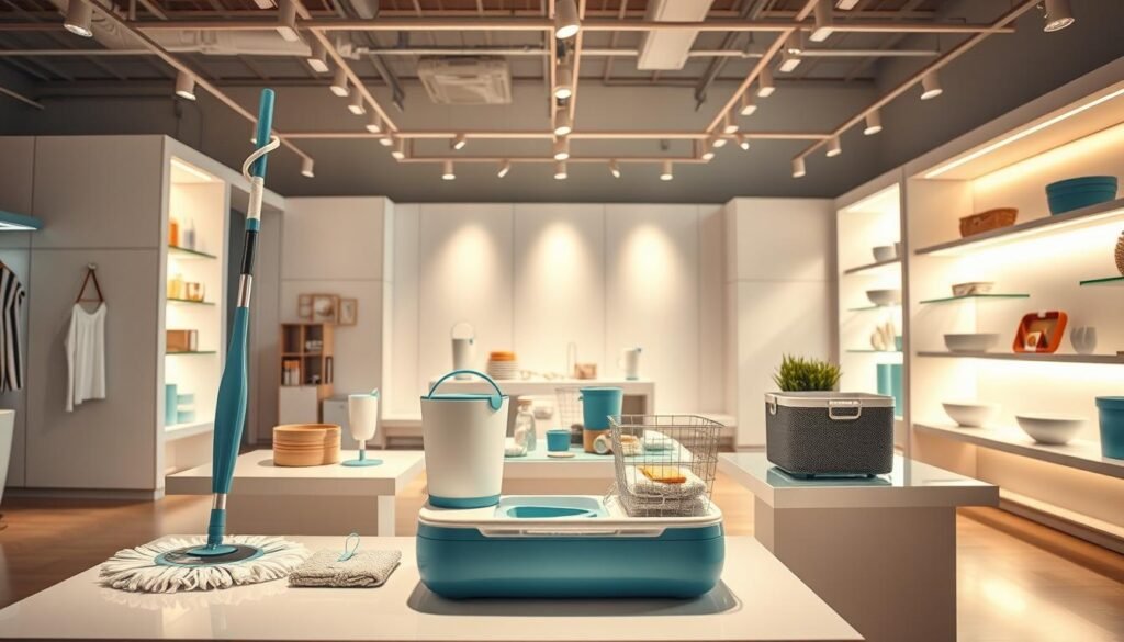 A visually stunning, high-resolution image of the flagship products from Ingenious Designs, the company founded by Joy Mangano. The scene depicts a well-lit showroom or retail space, with the products elegantly displayed on sleek, modern shelves and tables. The lighting is warm and inviting, accentuating the clean, innovative designs of the items. In the foreground, a selection of Mangano's most iconic household goods, such as her famous self-wringing mop and a selection of her organizer and storage solutions, take center stage. In the middle ground, additional Ingenious Designs products are showcased, hinting at the breadth of the company's offerings. The background features a minimalist, yet sophisticated decor, allowing the products to be the primary focus. The overall atmosphere conveys a sense of thoughtful design, efficiency, and the remarkable entrepreneurial journey of Joy Mangano and Ingenious Designs.