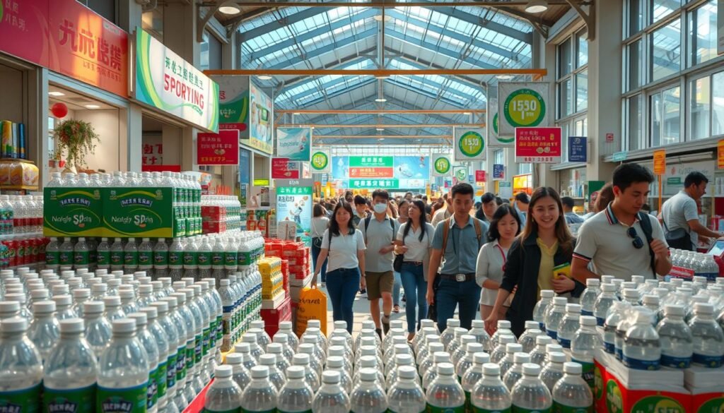 A bustling Nongfu Spring market, illuminated by warm natural light streaming through large windows. In the foreground, rows of neatly stacked Nongfu Spring water bottles and other products, displayed with meticulous organization. The middle ground showcases vibrant promotional displays and signage, highlighting the brand's visual identity. In the background, a crowd of shoppers moves through the spacious, well-designed retail space, their expressions conveying a sense of satisfaction and engagement with the brand. The overall atmosphere is one of prosperity, efficiency, and consumer enthusiasm, reflecting the successful business performance of Nongfu Spring.