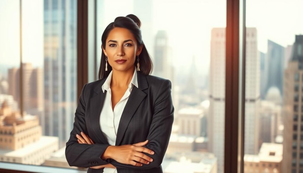 A confident and poised Native American woman, dressed in a smart business suit, stands in a modern, well-lit office. Her expression is determined, her gaze focused. The background features a large window overlooking a bustling city skyline, hinting at her success and position of influence. Warm, natural lighting floods the scene, creating a sense of professionalism and aspiration. The overall tone conveys a powerful, trailblazing figure, overcoming obstacles to thrive in the corporate world as a proud representation of her cultural heritage.