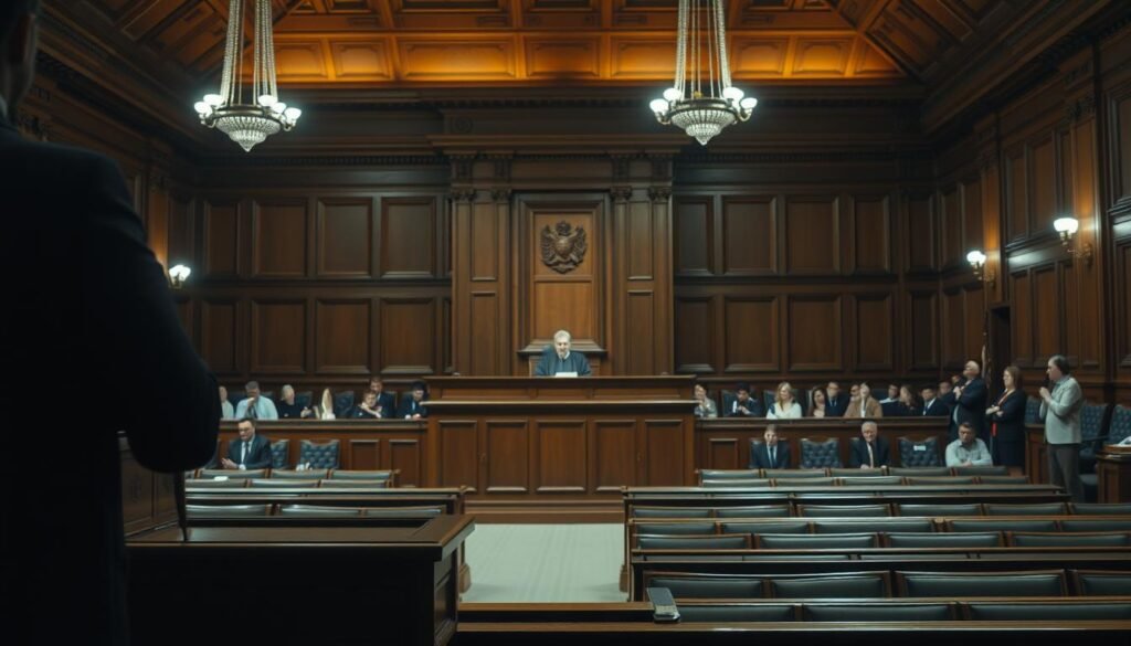 A large, ornate courtroom with high ceilings and wooden paneling. In the foreground, a witness stand is illuminated by soft, diffused lighting, creating an atmosphere of solemnity. In the middle ground, a wooden bench is occupied by a judge wearing a flowing robe, their face partially obscured in shadow. The background is filled with rows of mahogany benches, where spectators observe the proceedings with a palpable sense of tension. The overall scene conveys the gravity and importance of the legal proceedings taking place, capturing the essence of a high-stakes court case.