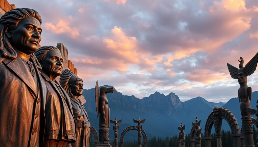 A majestic Native American Hall of Fame set against a backdrop of towering mountains and a vibrant, cloudy sky. In the foreground, bronze statues of revered indigenous leaders stand tall, their faces etched with dignity and pride. The middle ground features intricate totem poles and decorative archways, adorned with symbolic patterns and artwork. Soft, warm lighting bathes the scene, creating a sense of reverence and historical significance. The overall atmosphere evokes a solemn, awe-inspiring celebration of the remarkable contributions and legacies of these honored individuals.