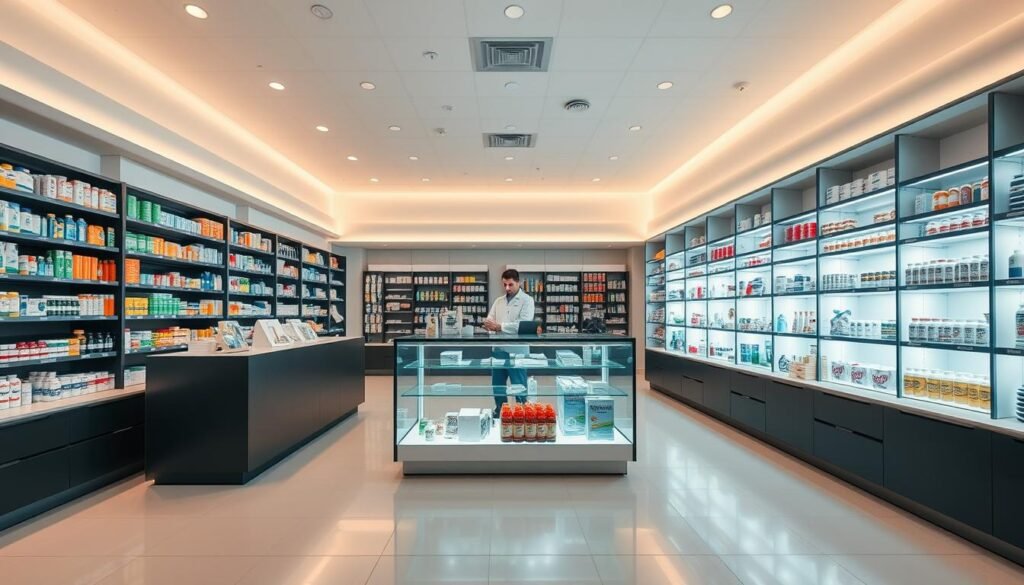 A modern, well-lit pharmacy retail space with a sleek, minimalist design. The front counter features a glass display showcasing various pharmaceutical products, with a pharmacist standing behind it, ready to assist customers. In the background, neatly organized shelves line the walls, stocked with a wide range of medications, vitamins, and personal care items. The lighting is a warm, inviting glow, creating a sense of professionalism and trust. The floor is a clean, polished tile, leading customers through the space with ease. An overall atmosphere of efficiency, quality, and personalized care, reflecting the strategic vision and business transformation of the Walgreens Boots Alliance.