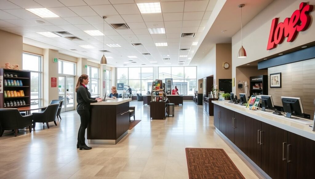 A professional, well-lit interior of a modern Love's Travel Stops customer service area. The foreground features a warm, welcoming customer service agent assisting a customer at a clean, polished counter. The middle ground showcases the open, spacious layout with comfortable seating and high-quality travel amenities. The background highlights the brand's signature aesthetic - clean lines, earth tones, and natural lighting, conveying a sense of hospitality and efficiency. The overall atmosphere is one of attentive service, convenience, and the brand's commitment to its customers' needs.