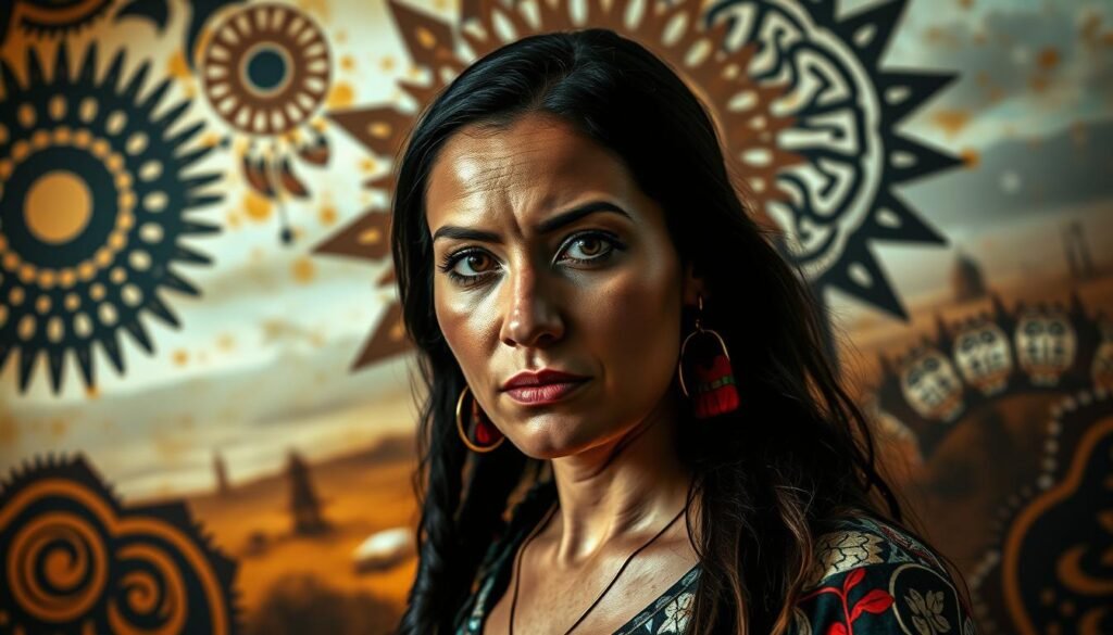 A striking portrait of Victoria Vasques, the founder of Tribal Tech LLC, set against a backdrop of bold, abstract tribal-inspired patterns and designs. The focal point is Vasques' confident, determined expression, captured in a medium close-up with dramatic lighting that casts dramatic shadows across her face, emphasizing her strong features. The middle ground features a blend of earthy tones, geometric shapes, and intricate textural elements that evoke a sense of technology and tradition. The background is a rich, atmospheric landscape with hints of a futuristic cityscape, suggesting the intersection of indigenous culture and modern innovation that defines Tribal Tech's ethos. The overall mood is one of power, dynamism, and a pioneering spirit.