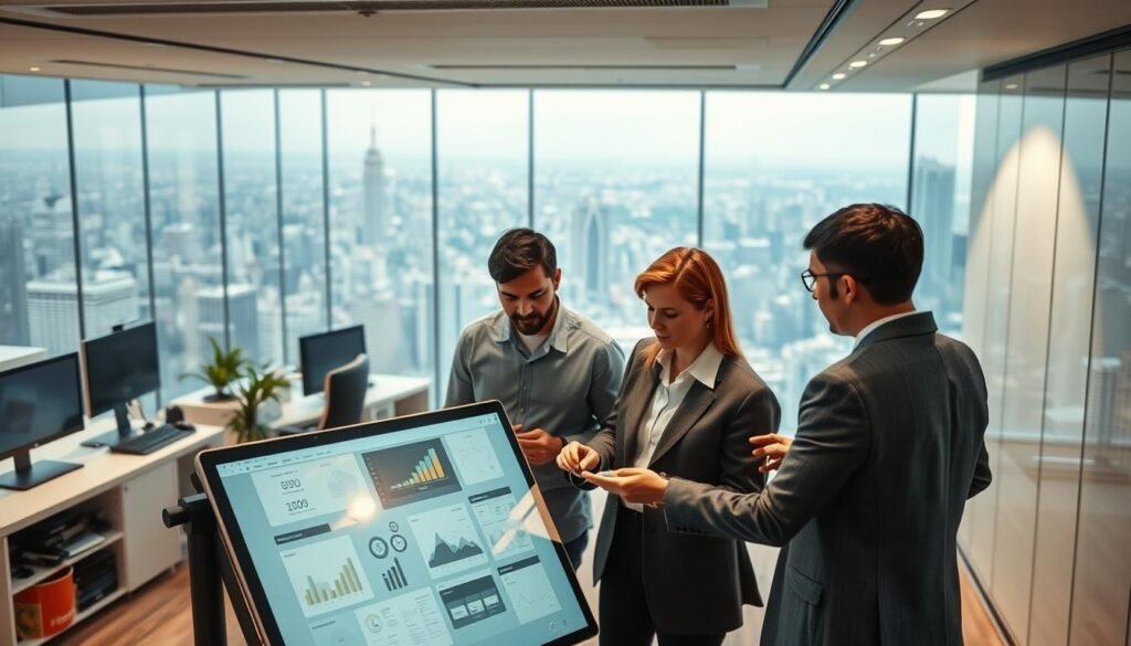 A vibrant and dynamic office setting, showcasing the core services and expertise of AQIWO's information technology solutions. In the foreground, a team of professionals collaborate intently around a large, interactive display, immersed in project planning and strategy discussions. The middle ground features a sleek, modern workspace filled with the latest hardware and software tools, conveying AQIWO's cutting-edge capabilities. In the background, a panoramic view of a bustling cityscape, representing the global reach and comprehensive support AQIWO provides to its clients. Soft, directional lighting illuminates the scene, creating a professional and innovative atmosphere. The overall composition emphasizes AQIWO's commitment to excellence in information technology services.