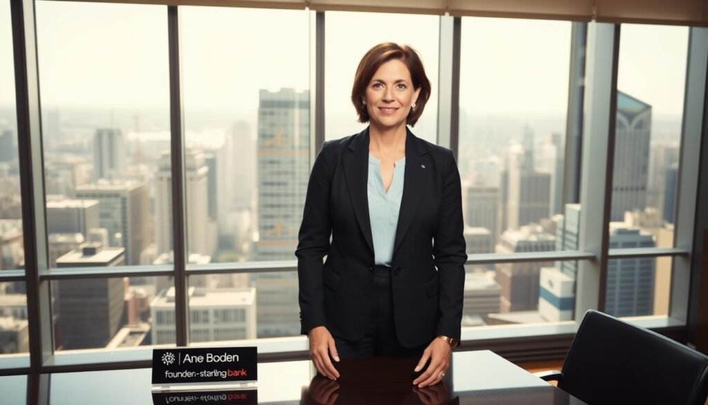 An elegant, poised woman in her 40s with short brown hair stands confidently in a sleek, modern office overlooking a bustling city skyline. Sunlight streams through floor-to-ceiling windows, illuminating her confident expression and tailored business attire. In the foreground, a nameplate on the desk reads "Anne Boden, Founder - Starling Bank". The scene conveys a sense of innovation, security, and Boden's pivotal role in transforming the banking industry.