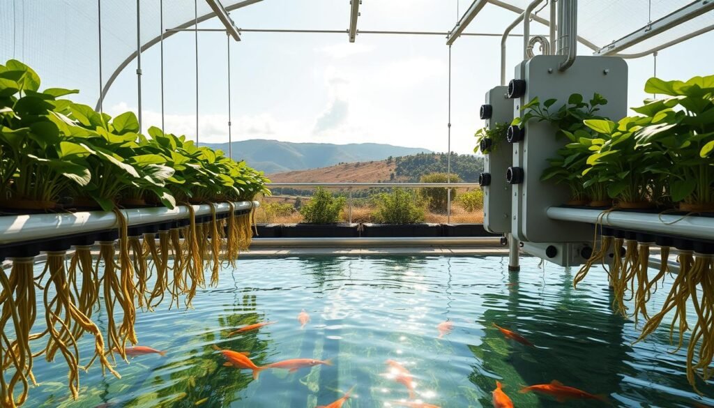 Aquaponics systems, a harmonious fusion of aquaculture and hydroponics, thriving in a sunlit greenhouse. Lush, verdant plants suspended over a shimmering pool, their roots intertwined with the water, drawing nourishment from the fish swimming below. Sleek, modern aquaponic towers stand tall, their modular design optimizing space and efficiency. Gentle LED lighting casts a warm glow, illuminating the intricate network of pipes and pumps that circulate the nutrient-rich water. In the background, a panoramic view of rolling hills and a cloudless sky, creating a serene, sustainable oasis. This integrated ecosystem, a testament to nature's resilience and human ingenuity, poised to revolutionize the future of agriculture.