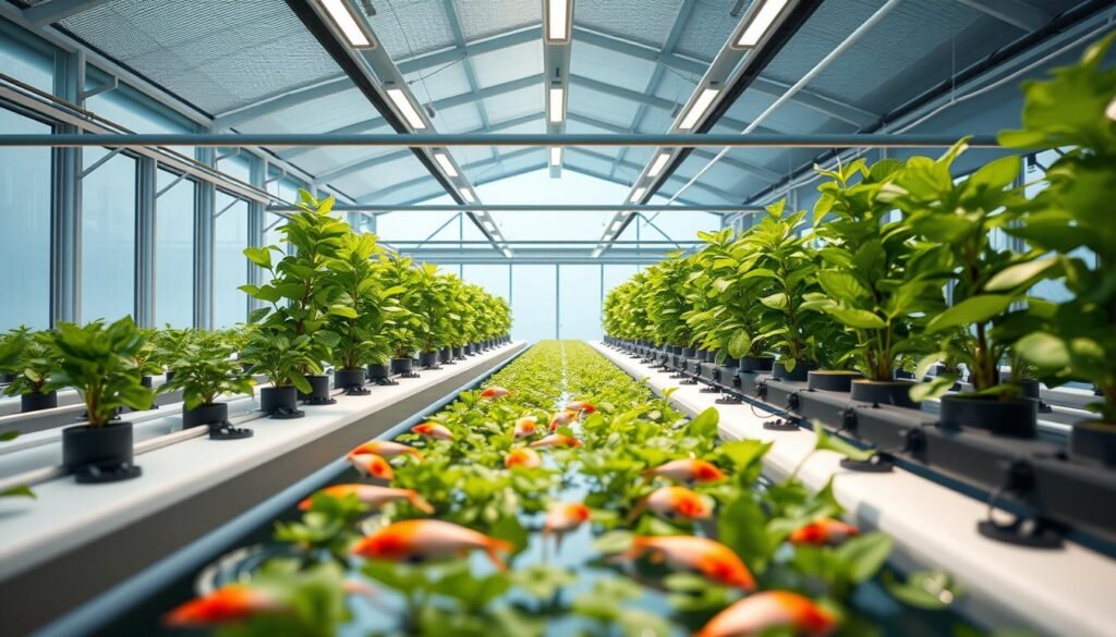 Generate an image of Symbiotic Aquaponic's innovative aquaponics system in a modern, climate-controlled environment.