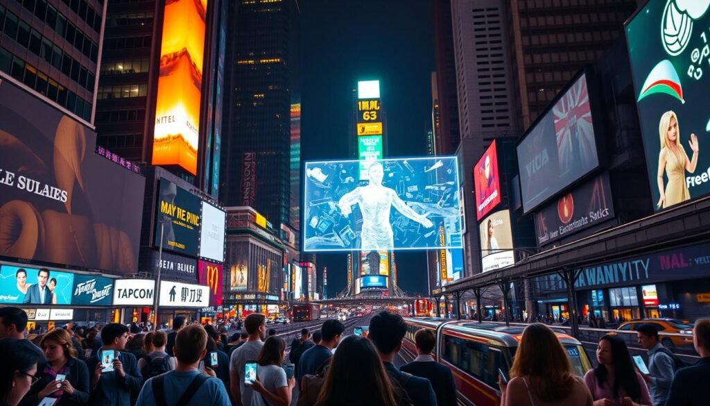 A bustling cityscape, its towering skyscrapers and neon-lit billboards casting a vibrant glow. In the foreground, a group of people immersed in their digital devices, their expressions a mix of awe and distraction. The middle ground features a giant holographic display, showcasing a cinematic scene that captivates the audience. In the background, a sense of motion and energy, with trains and traffic weaving through the urban landscape. The lighting is a blend of warm, natural tones and cool, futuristic hues, creating a mesmerizing atmosphere that reflects the impact of media entertainment on modern life.