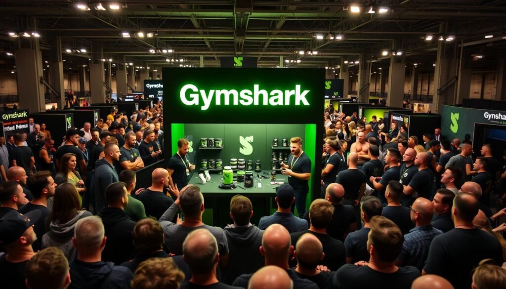 A bustling exhibition hall filled with enthusiastic crowds at the BodyPower Expo. At the center, the Gymshark booth stands out, its sleek black and neon green branding casting a vibrant glow. Founders Ben Francis and Lewis Morgan engage with attendees, demonstrating the brand's latest fitness apparel and supplements. The lighting is warm and dramatic, accentuating the energy and excitement of the event. In the background, the hulking figures of professional bodybuilders and fitness influencers mingle, creating a palpable sense of ambition and aspiration. The scene captures Gymshark's breakthrough moment, as the brand solidifies its position as a dominant force in the fitness industry.