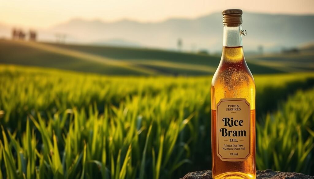 A gleaming glass bottle filled with shimmering, golden-hued rice bran oil stands prominently in the foreground, its label showcasing the words "Pure & Unrefined". In the middle ground, lush green rice paddies stretch out, their stalks swaying gently in the soft natural light. The background features a serene, rolling landscape with distant mountains, conveying a sense of tranquility and abundance. The overall scene exudes a warm, earthy tone, highlighting the premium quality and versatility of this nutritious, plant-based oil and its impact on the thriving agrifood industry.