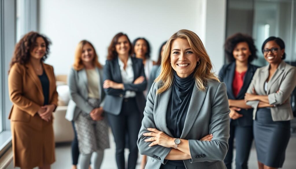 A group of diverse and accomplished women business leaders, standing confidently in a modern office setting. In the foreground, a stylishly dressed woman with a warm, inspiring expression gestures towards her colleagues. Behind her, other women of various ages and ethnicities are engaged in discussion, their body language radiating professionalism and collaborative energy. The lighting is soft and flattering, creating a sense of empowerment and success. The scene is captured with a wide-angle lens, emphasizing the unity and camaraderie of this powerful team of female entrepreneurs.