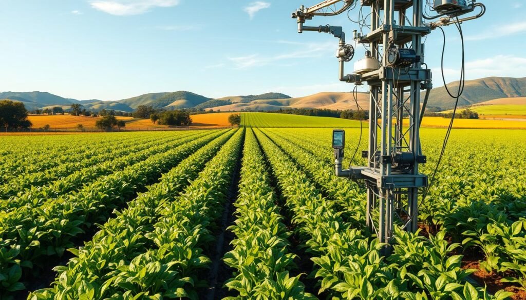 A lush, verdant agricultural landscape, with a towering, state-of-the-art agricultural automation system prominently featured in the foreground. The system comprises a network of robotic arms, sensors, and precision machinery, seamlessly coordinating the planting, tending, and harvesting of crops. In the middle ground, rows of thriving, healthy plants sway gently in a warm, golden light, while in the background, rolling hills and a clear, azure sky create a tranquil, pastoral setting. The scene conveys a harmonious blend of advanced technology and sustainable, eco-friendly agriculture, reflecting the leadership and contributions of Jin Xi Cheong in driving innovation and progress in this field.