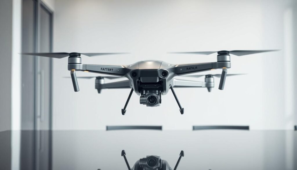 A sleek, futuristic drone hovers gracefully against a backdrop of a modern, minimalist office space. The drone's smooth, angular design and gleaming metal body evoke a sense of advanced technology and innovation. Soft, directional lighting casts subtle shadows, highlighting the intricate components and precision engineering. The drone's movements are precise and deliberate, conveying a sense of power and control. In the foreground, a reflection of the drone is visible on a polished, glass-topped desk, creating a sense of depth and visual interest. The overall scene radiates a mood of leadership, visionary thinking, and the integration of cutting-edge drone technology into a professional environment.