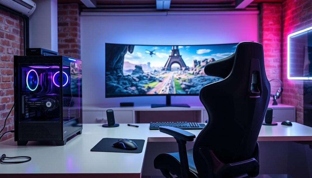 A sleek, modern gaming workstation showcases the latest innovations in hardware and software. In the foreground, a high-performance gaming PC with a cutting-edge GPU and RGB lighting sits atop a minimalist desk. Beside it, an ergonomic gaming chair with advanced lumbar support and adjustable features. On the desk, a state-of-the-art gaming mouse and keyboard emit a soft glow, complementing the ambient lighting. In the middle ground, a large, ultra-wide curved monitor displays a captivating game world, immersing the viewer in the future of interactive entertainment. The background features a clean, industrial-inspired setting with exposed brick walls and subtle neon accents, hinting at the rapid technological advancements transforming the gaming landscape.