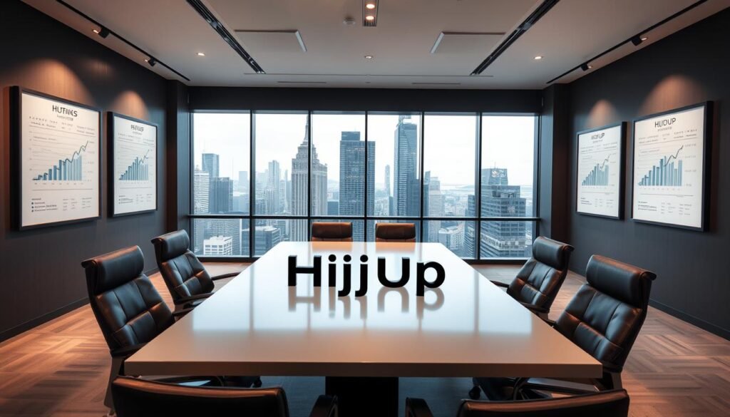 A sleek, modern office interior with large windows overlooking a bustling city skyline. In the foreground, a stylish conference table surrounded by comfortable leather chairs, symbolizing the growth and success of HijUp. On the walls, framed graphs and charts depicting the company's funding milestones and expansion over the years. Soft, directional lighting casts a warm, professional atmosphere, while minimalist decor and clean lines convey HijUp's refined, fashion-forward brand identity. The overall scene exudes a sense of innovation, dynamism, and strategic vision driving the company's remarkable journey.