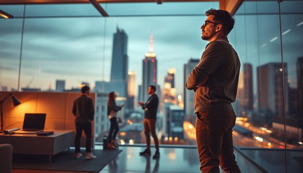 A venture builder stands tall, their gaze fixed on the horizon, embodying the spirit of innovation and entrepreneurship. In the foreground, a sleek, modern office space comes into focus, with minimalist furniture and cutting-edge technology. The middle ground reveals a team of passionate individuals collaborating, their energy and enthusiasm palpable. In the background, a cityscape of towering skyscrapers and bustling streets serves as a backdrop, symbolizing the dynamic and ever-evolving world of startups and digital transformation. Warm, directional lighting casts a soft glow, creating a sense of focus and determination. The overall scene conveys a mood of ambition, creativity, and the relentless pursuit of groundbreaking ideas.