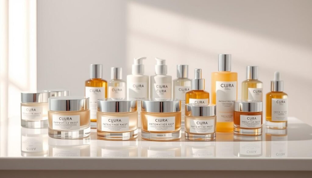 High-quality, visually striking skincare products arranged on a sleek, minimalist display. In the foreground, an array of luxurious glass jars and bottles with clean, modern labels showcasing innovative formulas. In the middle ground, a mirrored surface reflects the products, creating a sense of depth and sophistication. The background features a softly diffused, natural light, casting a warm, inviting glow over the scene. The overall composition exudes a sense of scientific precision, premium quality, and forward-thinking design – capturing the essence of Cuura's visionary approach to skincare.