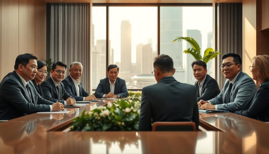 A boardroom of Southeast Asian business leaders, sitting around a long, polished table in a sunlit, modern office. The atmosphere is one of confident, forward-thinking collaboration. In the foreground, the executives engage in animated discussion, their expressions serious yet determined. In the middle ground, a large window overlooks the bustling city skyline, casting a warm glow across the room. The background features sleek, minimalist decor, with strategic use of greenery to create a sense of growth and vitality. The overall impression is one of a seasoned, visionary leadership team, poised to shape the future of the region.