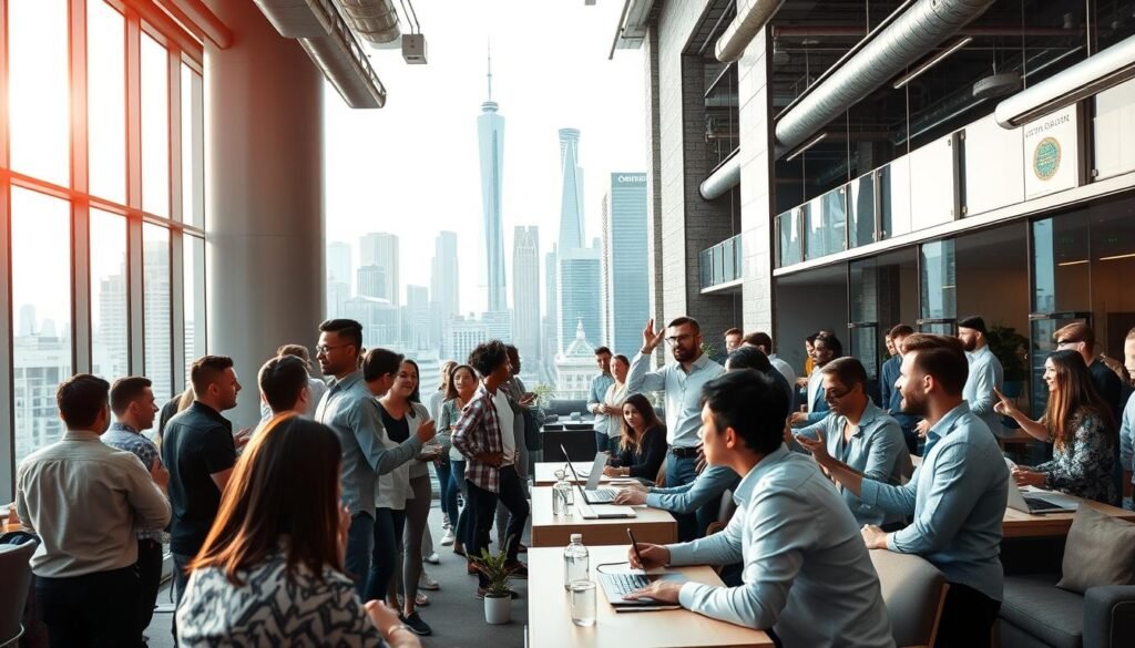 A bustling entrepreneurial ecosystem, vibrant with energy and innovation. In the foreground, a diverse group of entrepreneurs collaborating, brainstorming, and pitching their ideas. Dynamic gestures, impassioned expressions, and a shared sense of purpose fill the frame. The middle ground showcases modern, well-equipped coworking spaces, with sleek furnishings, cutting-edge technology, and abundant natural light. In the background, a towering skyline of gleaming skyscrapers, representing the thriving urban landscape that nurtures and supports this entrepreneurial community. Soft, warm lighting casts a glow over the scene, conveying a sense of optimism, progress, and boundless potential.