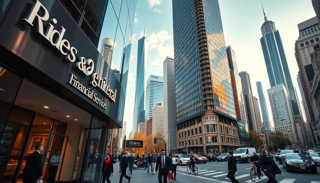 A bustling urban scene, captured through a wide-angle lens with a shallow depth of field. In the foreground, a modern financial services office with the signage "Riders Financial Services" prominently displayed. The building's sleek glass facade reflects the surrounding skyscrapers and a cloudless sky. People hurry in and out of the office, dressed in professional attire. In the middle ground, the street is alive with pedestrians, cars, and the occasional cyclist. The background is filled with a towering cityscape, with gleaming high-rises and architectural marvels reaching towards the heavens. The scene is bathed in warm, directional lighting, casting dramatic shadows and highlights that convey a sense of vibrancy and prosperity. A bustling urban scene, captured through a wide-angle lens with a shallow depth of field. In the foreground, a modern financial services office with the signage "Riders Financial Services" prominently displayed. The building's sleek glass facade reflects the surrounding skyscrapers and a cloudless sky. People hurry in and out of the office, dressed in professional attire. In the middle ground, the street is alive with pedestrians, cars, and the occasional cyclist. The background is filled with a towering cityscape, with gleaming high-rises and architectural marvels reaching towards the heavens. The scene is bathed in warm, directional lighting, casting dramatic shadows and highlights that convey a sense of vibrancy and prosperity.