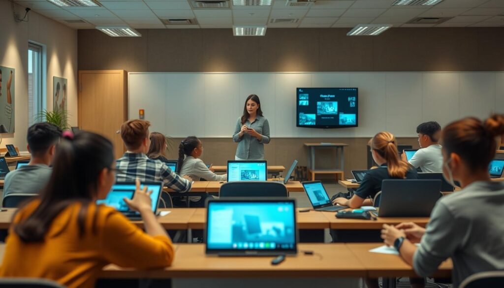 A classroom setting with a hybrid learning model in action. In the foreground, students engaging with digital devices, immersed in virtual lessons. In the middle ground, a teacher facilitating the hybrid experience, seamlessly integrating digital and in-person instruction. The background showcases a modern, well-equipped learning environment with adaptable furniture and intelligent technology, enabling a fluid transition between physical and virtual modes. Soft, warm lighting illuminates the scene, creating a sense of productivity and collaboration. The overall atmosphere conveys the future of education, where technology and human interaction converge to deliver a comprehensive, personalized learning experience.
