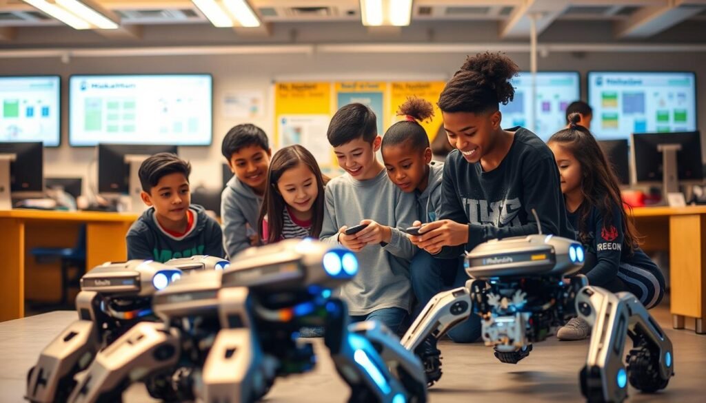 A group of diverse students intently engaged with MekaMon, a cutting-edge robotic platform, in a well-lit STEM education lab. The foreground features the maneuverable, multi-limbed MekaMon robots, their sleek, metallic bodies reflecting the bright overhead lighting. In the middle ground, the students, of varying ages and backgrounds, collaborate enthusiastically, their faces alight with wonder and concentration as they program and control the robots. The background showcases a modern, tech-forward setting with workbenches, computer screens, and educational posters, creating an immersive atmosphere of innovation and discovery. Warm, diffused lighting illuminates the scene, conveying a sense of inspiration and the limitless potential of robotics in STEM education. A group of diverse students intently engaged with MekaMon, a cutting-edge robotic platform, in a well-lit STEM education lab. The foreground features the maneuverable, multi-limbed MekaMon robots, their sleek, metallic bodies reflecting the bright overhead lighting. In the middle ground, the students, of varying ages and backgrounds, collaborate enthusiastically, their faces alight with wonder and concentration as they program and control the robots. The background showcases a modern, tech-forward setting with workbenches, computer screens, and educational posters, creating an immersive atmosphere of innovation and discovery. Warm, diffused lighting illuminates the scene, conveying a sense of inspiration and the limitless potential of robotics in STEM education.