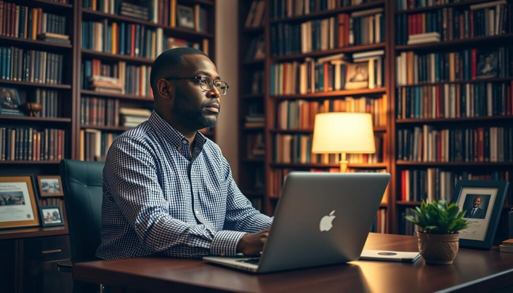 A middle-aged man, Chinedu Azodoh, sitting at a wooden desk, gazing pensively out a window. The desk is adorned with mementos of his entrepreneurial journey - a laptop, a potted plant, and framed certificates. Behind him, a towering bookshelf filled with books and photographs, representing his family's deep roots. Soft, warm lighting illuminates the scene, casting a contemplative mood. The overall composition conveys a sense of introspection, hard-earned success, and a connection to his personal and professional heritage. A middle-aged man, Chinedu Azodoh, sitting at a wooden desk, gazing pensively out a window. The desk is adorned with mementos of his entrepreneurial journey - a laptop, a potted plant, and framed certificates. Behind him, a towering bookshelf filled with books and photographs, representing his family's deep roots. Soft, warm lighting illuminates the scene, casting a contemplative mood. The overall composition conveys a sense of introspection, hard-earned success, and a connection to his personal and professional heritage.