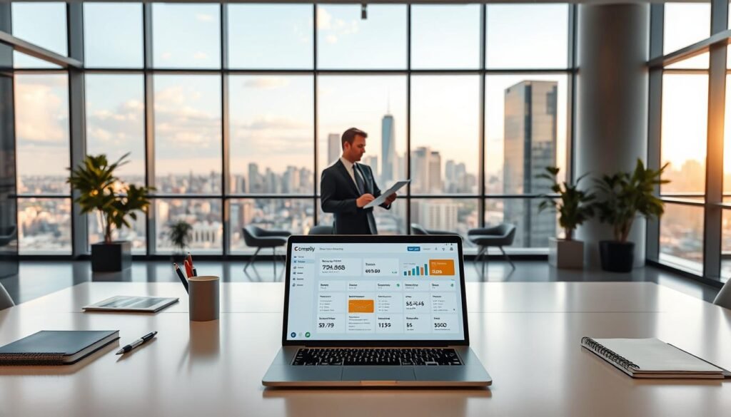 A modern, elegant office interior with a large desk showcasing a sleek, digital tax compliance solution interface. The foreground features a laptop displaying the "Complify" dashboard, surrounded by stylish office supplies. The middle ground depicts a professional-looking business person reviewing financial documents. In the background, floor-to-ceiling windows offer a scenic cityscape, bathed in warm, natural lighting. The overall atmosphere conveys a sense of efficiency, productivity, and innovation, aligning with the subject of the article and the section title.