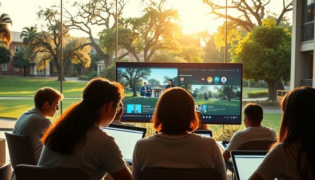 A modern, intuitive online learning platform with a sleek, minimalist interface. In the foreground, students engaged in interactive lessons and discussions, their faces illuminated by the glow of their laptop screens. In the middle ground, a large, responsive touchscreen display showcases immersive multimedia content. The background features a serene, sun-dappled campus scene, with verdant lawns, towering oak trees, and architectural elements that blend seamlessly with the digital environment. Warm, natural lighting casts a soft, inviting glow over the entire scene, creating a sense of harmony between the physical and virtual realms. The overall atmosphere is one of innovation, collaboration, and a seamless integration of technology and education.