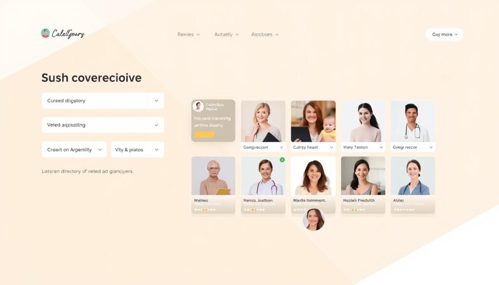 A modern, well-designed platform interface showcasing a curated directory of vetted caregivers. In the foreground, a clean, intuitive search bar and user profiles with verified credentials and reviews. The middle ground features a grid of caregiver thumbnails, each with a professional portrait and key information. The background depicts a soothing, pastel-toned color palette and subtle geometric patterns, conveying a sense of trust, reliability, and premium quality. Crisp, natural lighting accentuates the sleek, minimalist aesthetic, creating an inviting and reassuring user experience.