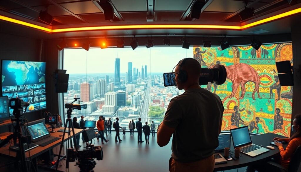 A panoramic digital landscape depicting the growth of African media platforms. In the foreground, a sleek, contemporary media studio with state-of-the-art production equipment and a diverse team of digital content creators. In the middle ground, a cityscape of skyscrapers and bustling streets, symbolizing the urban hubs of the continent's thriving digital economies. In the background, a vibrant mosaic of traditional African cultural elements, weaving together the rich heritage and the digital future. The scene is illuminated by warm, golden lighting, creating a sense of optimism and progress. Captured through a wide-angle lens, the image conveys the expansive scale and momentum of Africa's digital media revolution.