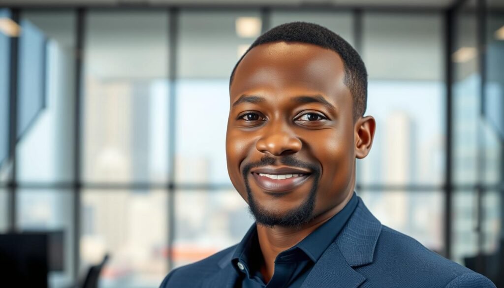 A professional business portrait of Tiwalola Olanubi Jnr., the founder of Dotts Media House, set against a backdrop of a modern office environment. Soft, directional lighting illuminates his face, creating a warm, confident expression. The composition places him in the foreground, with a blurred cityscape visible through the office windows in the background, suggesting his success and influence. The image conveys a sense of professionalism, innovation, and entrepreneurial spirit, reflecting Tiwalola's role as a leading figure in the Nigerian influencer marketing industry.