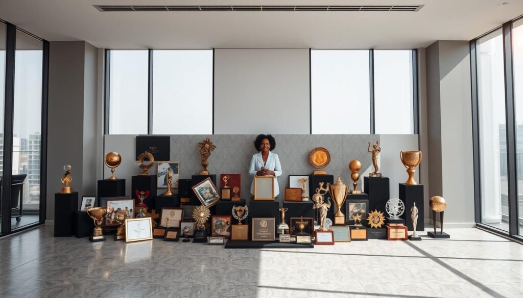 A sleek, modern office setting with floor-to-ceiling windows, allowing natural light to flood the space. In the center, a well-curated display showcases an array of accolades, trophies, and awards, each reflecting Uche Pedro's remarkable achievements and the impact of BellaNaija on the community. The awards range from prestigious industry honors to community service recognitions, all arranged in a visually striking manner. The background features a subtle, elegant pattern, complementing the overall professional and sophisticated atmosphere. The lighting is soft and directional, casting gentle shadows that add depth and dimension to the scene. The camera angle is slightly elevated, giving a sense of importance and grandeur to the displayed accomplishments.