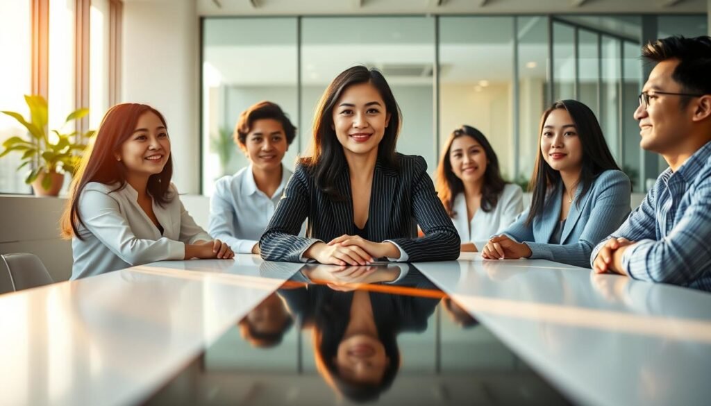 A vibrant and dynamic advisory role, with Tan Hooi Ling at the forefront, guiding and mentoring a team of young, ambitious professionals. The scene depicts a well-lit, modern office space, with an abundance of natural light streaming through large windows. Tan sits at the head of a sleek, minimalist conference table, surrounded by her advisory team, their expressions focused and engaged as they discuss strategic initiatives. The atmosphere is one of collaboration, innovation, and a shared vision for the future. The camera angle captures the scene from a slightly elevated perspective, creating a sense of authority and leadership. The overall impression is one of a seamless transition into an influential advisory role, where Tan's expertise and guidance will shape the next chapter of Grab's success.