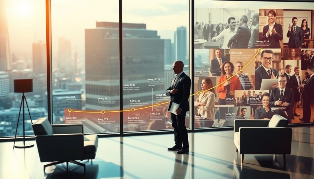 A vibrant, cinematic scene depicting the journey and evolution of public relations. In the foreground, a modern office space with sleek furniture and a large window overlooking a bustling cityscape. Illuminated by warm, natural light, a dynamic figure stands, papers in hand, symbolizing the founder's dedication and drive. In the middle ground, a timeline of milestones unfurls, tracing the progression of the PR firm, from its humble beginnings to its current position as an industry leader. The background features a montage of images - press conferences, networking events, global collaborations - capturing the scope and impact of the organization's work. The overall composition conveys a sense of momentum, growth, and the power of innovation within the public relations landscape.