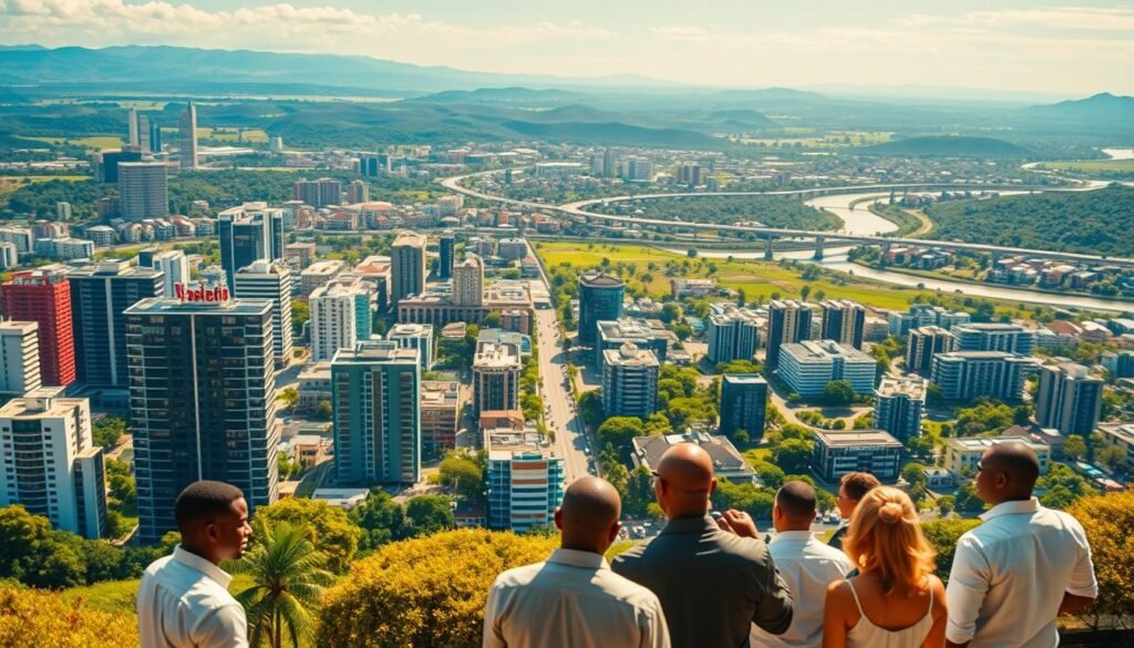 A vibrant cityscape of modern high-rise buildings and bustling commercial hubs, set against the backdrop of a lush, verdant landscape. In the foreground, a group of businesspeople engaged in animated discussions, representing the dynamic real estate investment opportunities across Africa. The mid-ground showcases a diverse array of residential and commercial developments, each reflecting the region's architectural heritage and innovative design. The background features a panoramic view of rolling hills, winding rivers, and a clear, azure sky, conveying a sense of vast potential and growth. Warm, golden lighting illuminates the scene, creating a welcoming and prosperous atmosphere. Captured through a wide-angle lens, the image conveys the scale, energy, and promise of real estate investment in Africa.