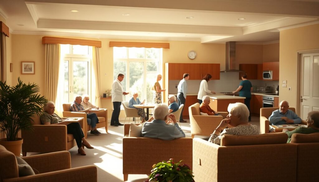 A warm, sunlit interior of an elderly care facility, with a spacious communal living area in the foreground. Soft, natural lighting filters through large windows, illuminating a cozy seating arrangement of plush armchairs and sofas. In the middle ground, residents engaged in various activities, such as reading, playing board games, or chatting animatedly. The background features a well-equipped kitchen area, where a team of caregivers attentively prepares meals. The overall atmosphere conveys a sense of comfort, community, and attentive care, reflecting the mission and values of Greymate Care.