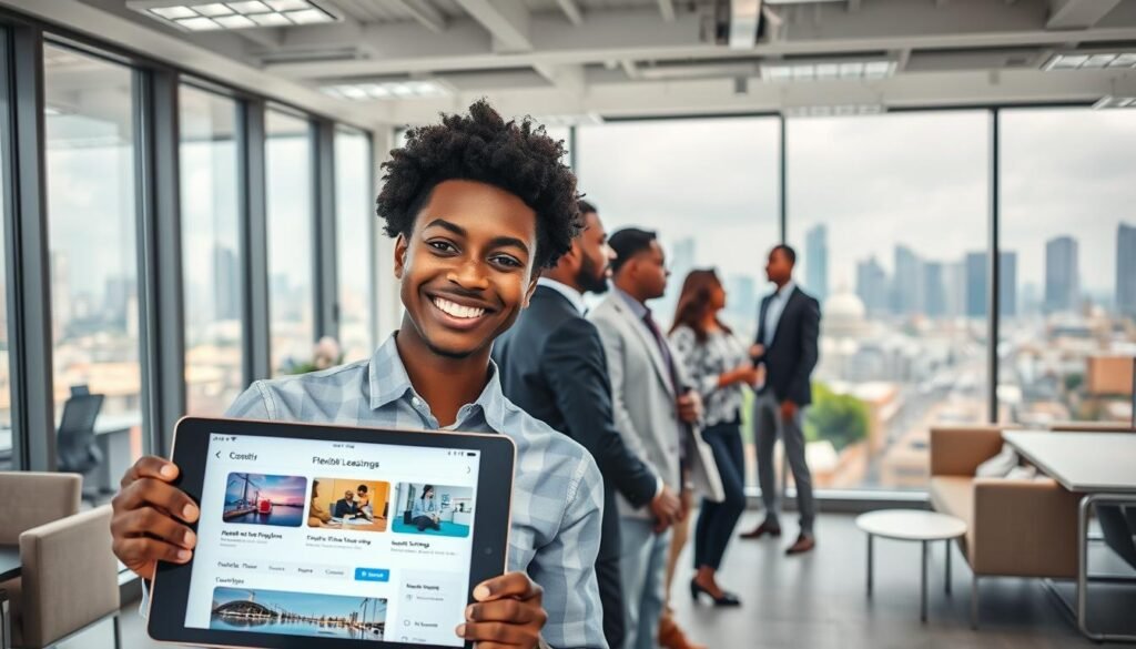 A well-lit office space with modern, modular furniture and flexible leasing arrangements prominently displayed. In the foreground, a young professional enthusiastically gesturing towards a digital tablet showcasing rental options. The middle ground features a diverse group of clients engaged in conversation, their expressions conveying a sense of relief and satisfaction. The background depicts the bustling cityscape of Lagos, Nigeria, with skyscrapers and infrastructure symbolizing the economic opportunities enabled by innovative rental solutions. The overall atmosphere exudes a feeling of empowerment, efficiency, and a seamless integration of technology into the local real estate landscape.