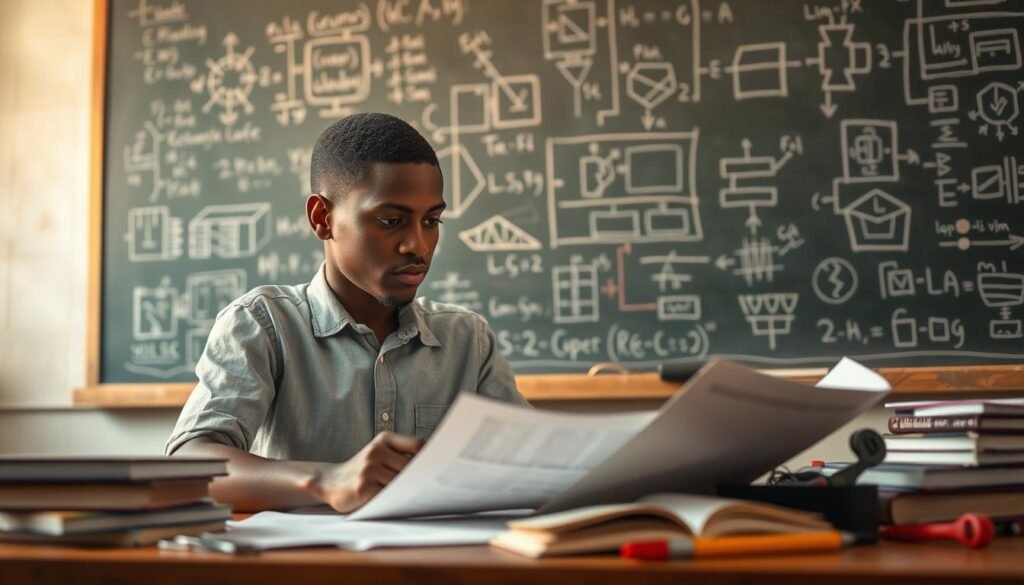 A young Nigerian inventor sits at a desk, engrossed in a technical schematic, surrounded by books and tools. Soft, warm lighting illuminates his focused expression, casting shadows that accentuate the thoughtful furrow of his brow. In the background, a chalkboard filled with complex equations and diagrams hints at the breadth of his academic pursuits. The scene conveys a sense of determination, intellectual curiosity, and the journey of an ambitious young mind dedicated to the pursuit of innovation and engineering excellence. A young Nigerian inventor sits at a desk, engrossed in a technical schematic, surrounded by books and tools. Soft, warm lighting illuminates his focused expression, casting shadows that accentuate the thoughtful furrow of his brow. In the background, a chalkboard filled with complex equations and diagrams hints at the breadth of his academic pursuits. The scene conveys a sense of determination, intellectual curiosity, and the journey of an ambitious young mind dedicated to the pursuit of innovation and engineering excellence.