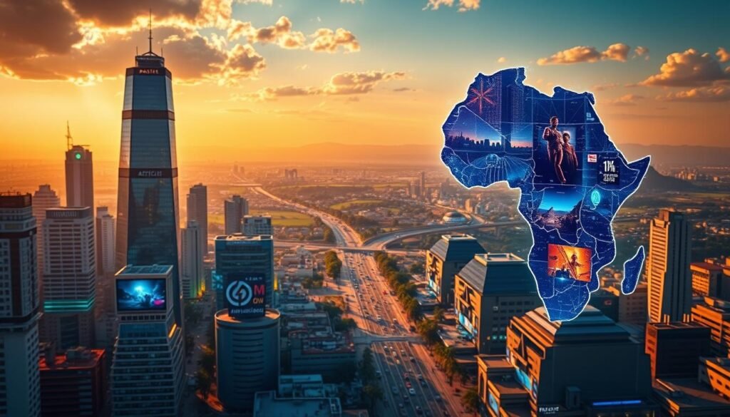 Vibrant digital landscape of Africa, showcasing the transformative impact of modern marketing. In the foreground, a dynamic cityscape with towering skyscrapers and bustling streets, symbolizing the rapid technological advancements. Mid-ground, digital billboards and holographic displays showcase innovative campaigns, reflecting the integration of cutting-edge marketing strategies. In the background, a panoramic view of the African continent, with lush landscapes and diverse cultures, highlighting the far-reaching influence of digital marketing on the region. Warm, golden lighting creates a sense of optimism and progress, while a cinematic camera angle emphasizes the grandeur and scale of this digital revolution. Crisp, detailed rendering with a photorealistic aesthetic to capture the true essence of Africa's digital marketing impact.